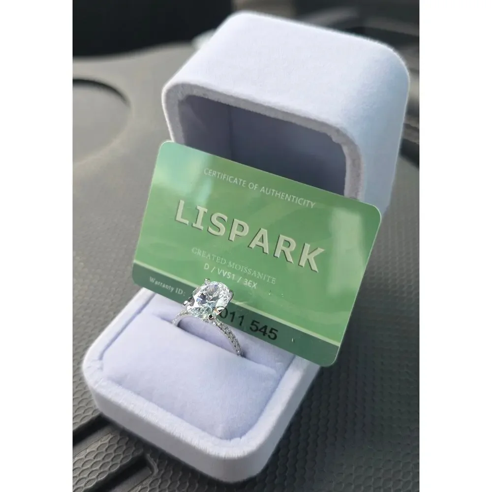 LISPARk 14K White Gold over silver 4CT Oval Moissanite Hidden Halo Ring size 7.5